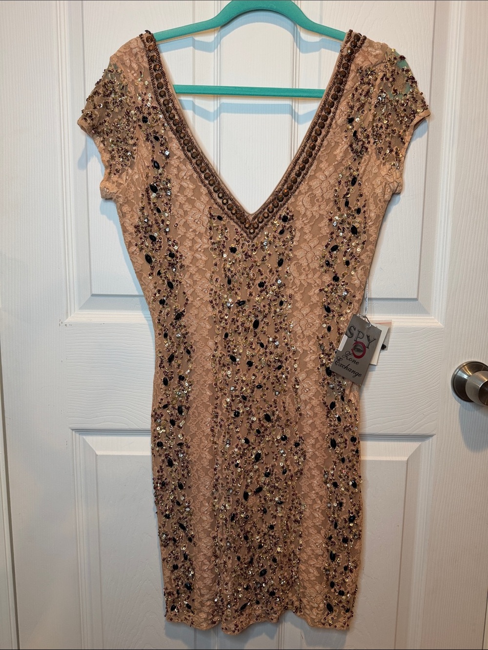 SPY Lone exchange Nude Beaded Lace V-Neck Mini Dress
